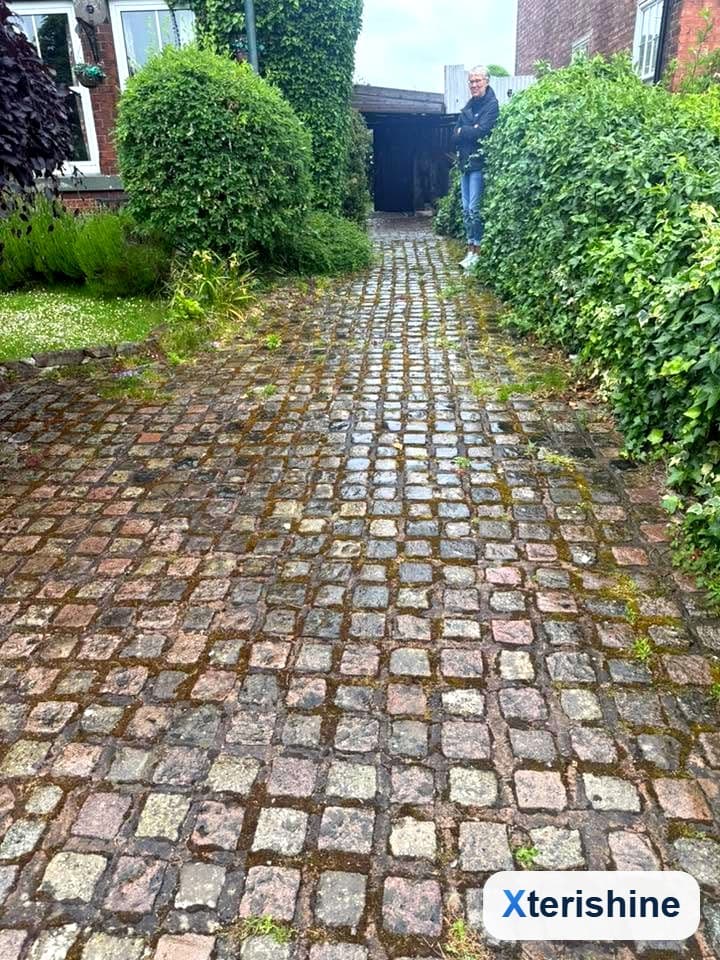Before — Cobbled driveway — moss & weeds lifted out